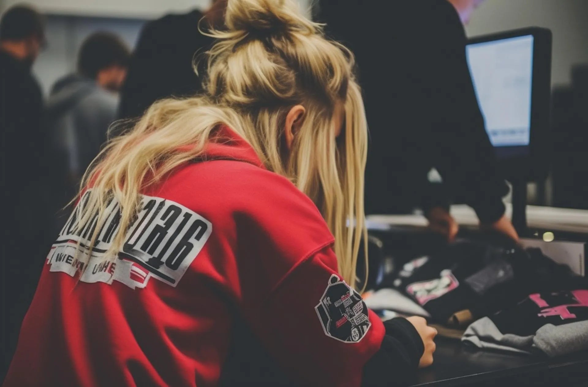 Young blonde woman wearing a red hoodie with bold black and white lettering, focused on a computer screen in a creative workspace, embodying casual office style.