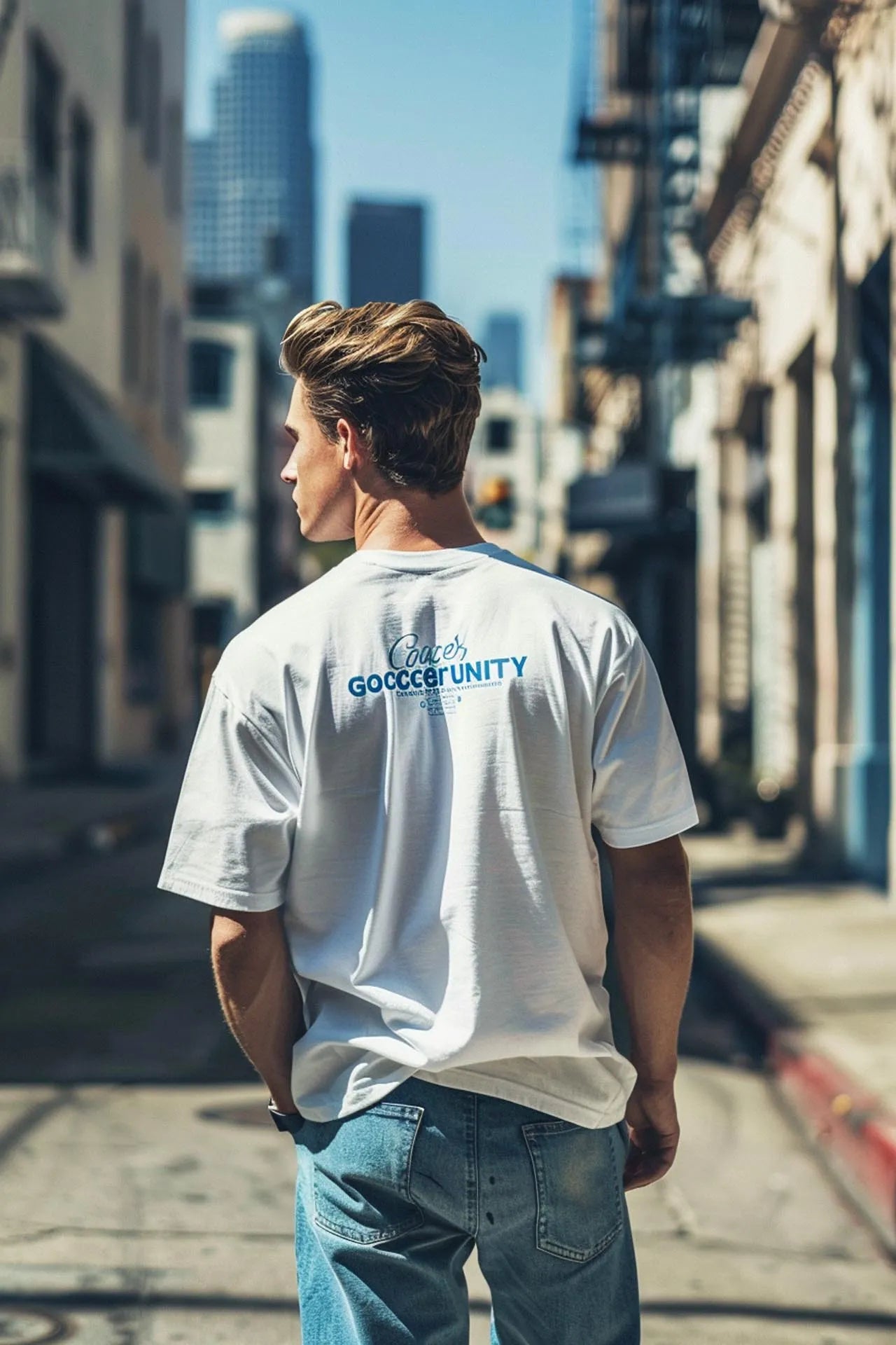 A young man in a casual pose, seen from behind, wearing a white t-shirt with a graphic print, standing in an urban alley with skyscrapers in the background.