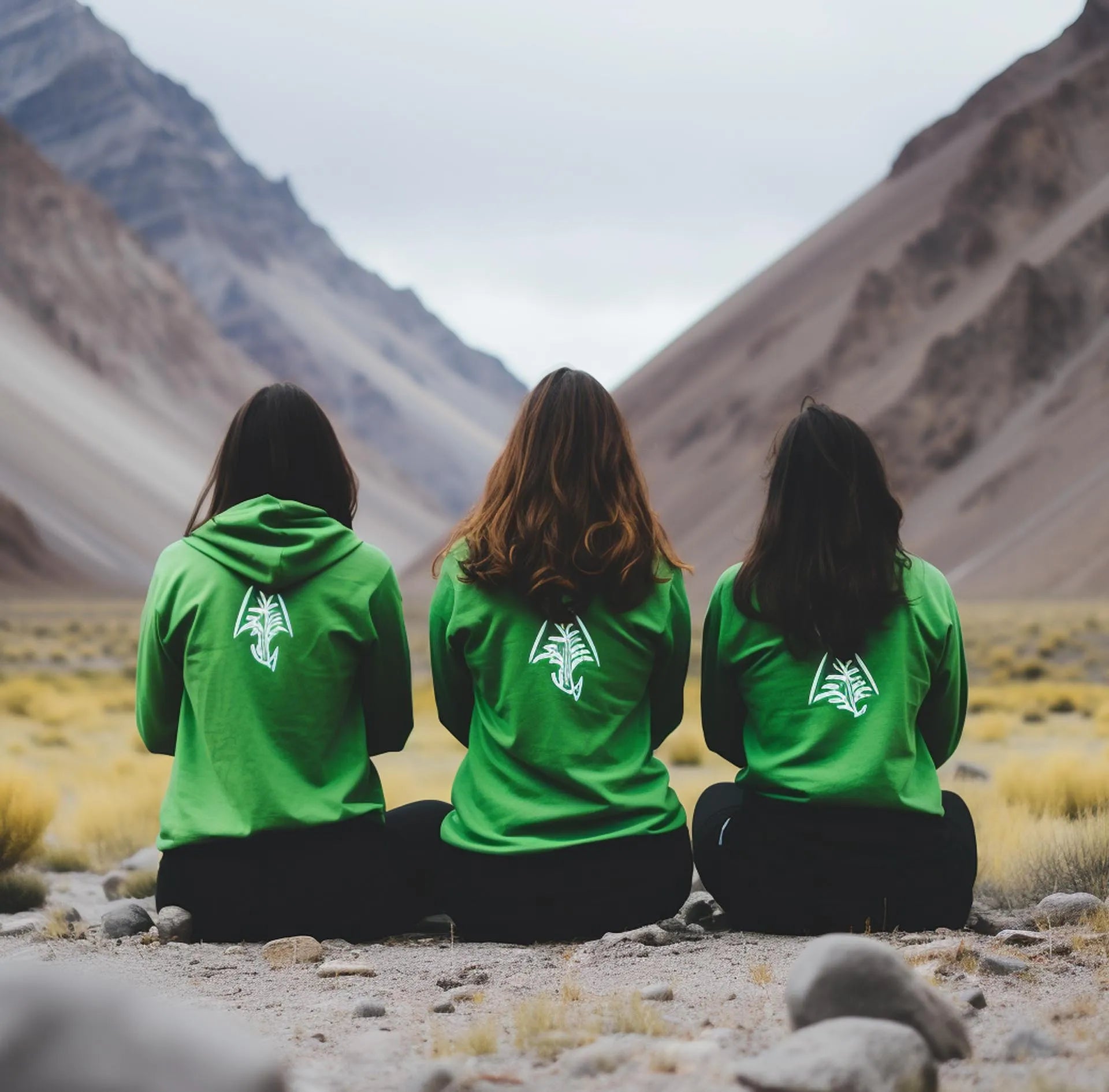 Three individuals sitting in a mountainous desert landscape, wearing matching green hoodies with a white tree logo, looking away from the camera.