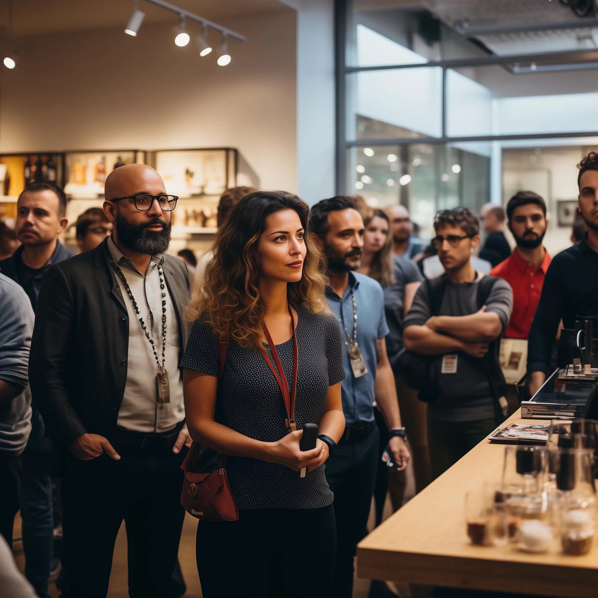 A young woman at a professional event, thoughtfully looking away, surrounded by a diverse group of attendees.