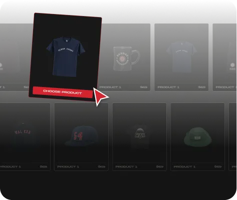 Interface showing multiple products including t-shirts and mugs with 'Choose Product' button highlighted under a navy tee.