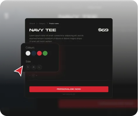 Product detail pop-up for a navy tee displaying price, color options in red, green, and blue, and size options small to large with a 'Personalize Now' button.