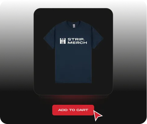 Finalized design of a navy t-shirt with Strip Merch logo, ready for purchase with an 'Add to Cart' button below.