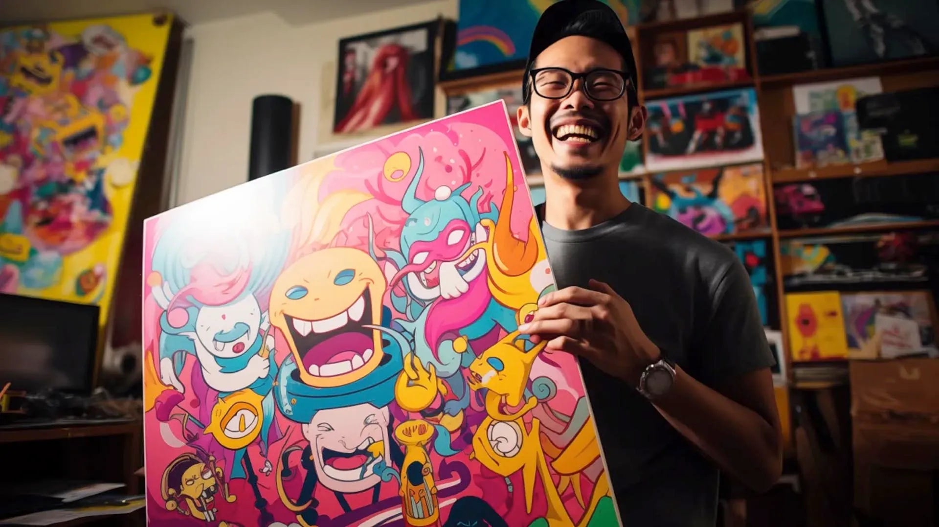 A happy male artist holding up a large, colorful, cartoonish artwork in his cluttered studio, filled with vibrant art pieces.