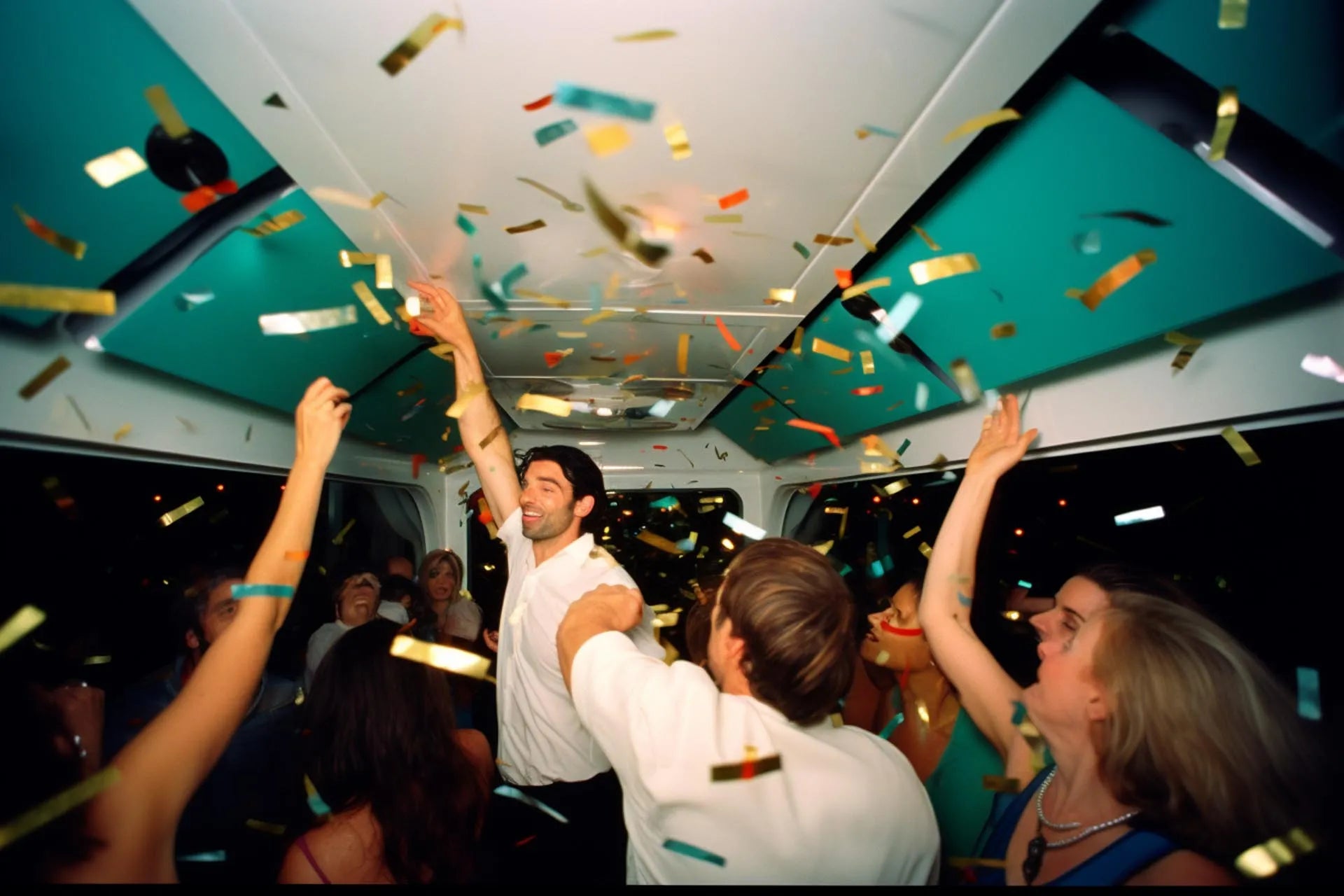 A joyous celebration inside a bus with a man in a white shirt raising his arms triumphantly as confetti falls around smiling party-goers.