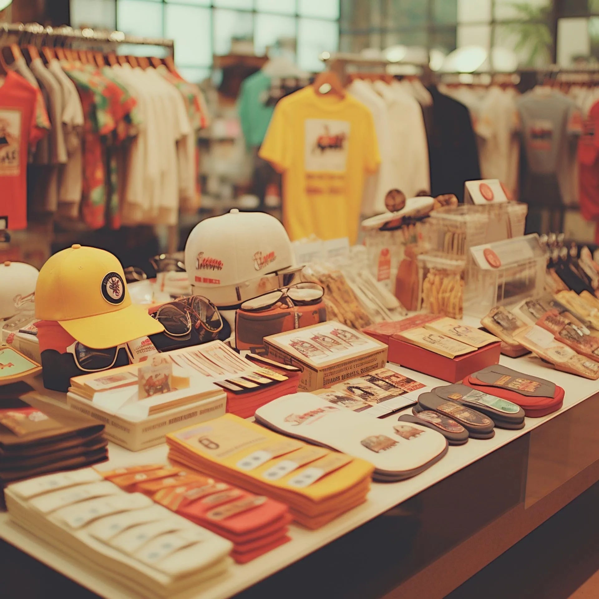 Interior view of a pop culture merchandise store with an array of colorful t-shirts, hats, badges, and memorabilia on display.