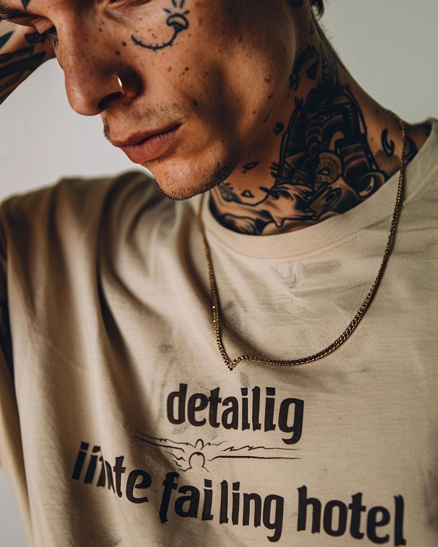 Close-up portrait of a serene young man with facial tattoos and a calm expression, wearing a beige t-shirt, looking downward.