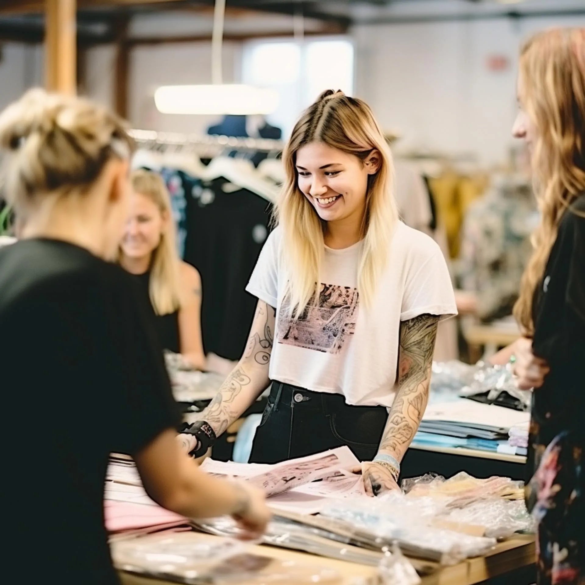 A smiling tattooed sales clerk assisting customers in a boutique, surrounded by a variety of merchandise.