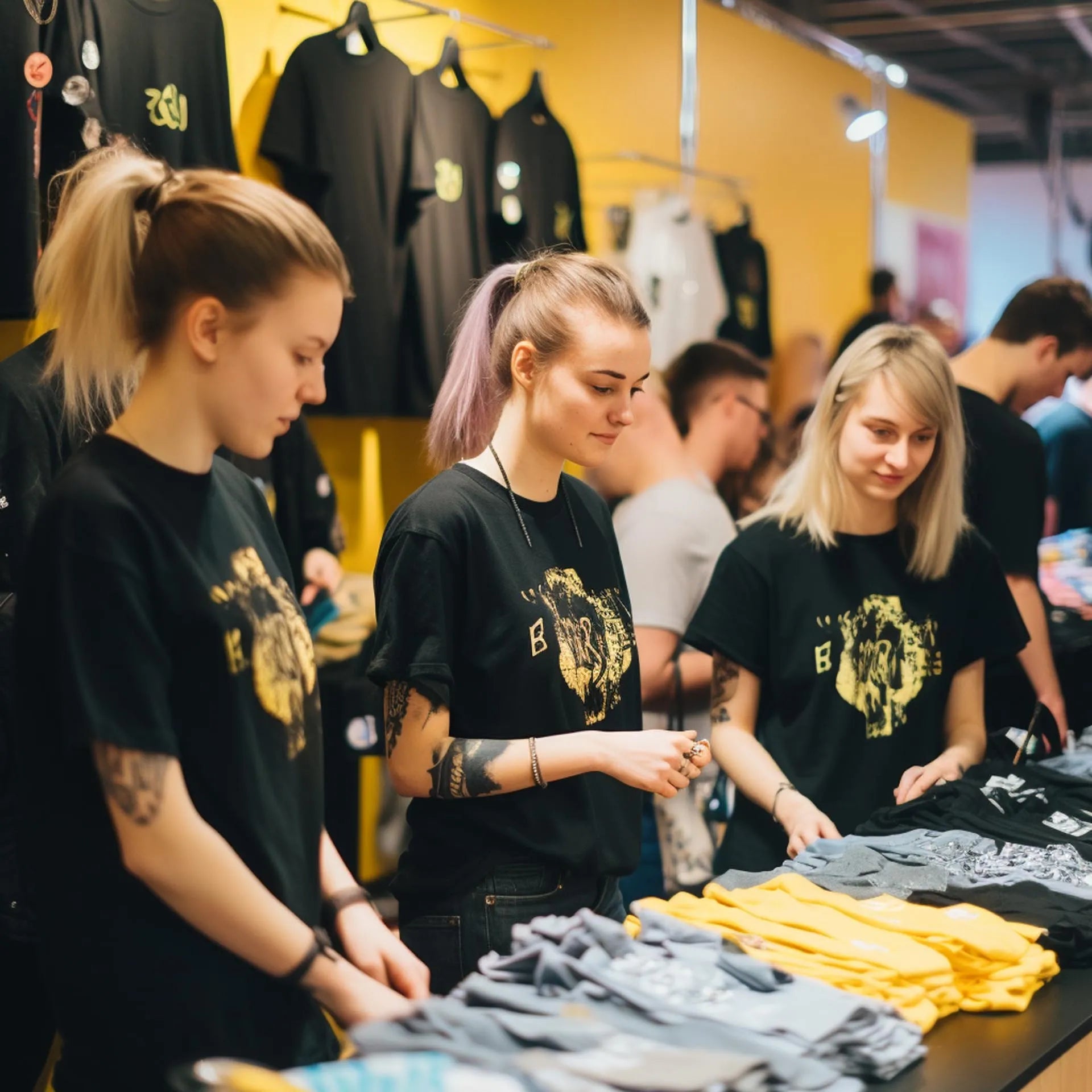 A group of young, tattooed sales assistants wearing black t-shirts with a golden design, interacting with customers at a busy merchandise booth.