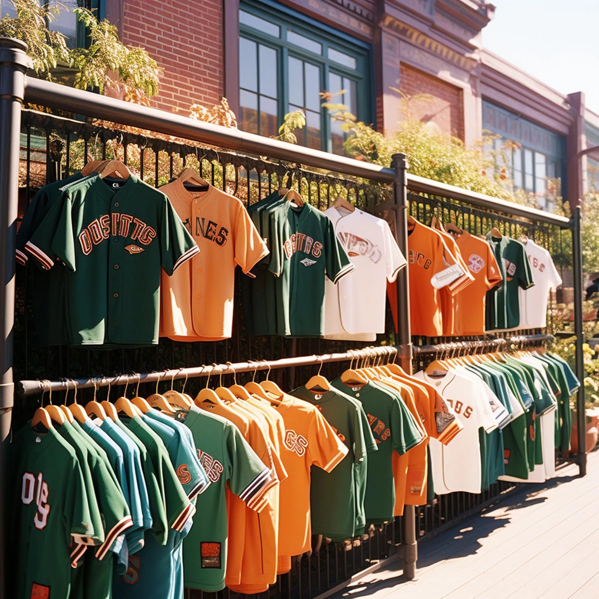 A vibrant display of colorful baseball jerseys hanging on a rail outdoors, with various team names and numbers, set against a red brick building backdrop.