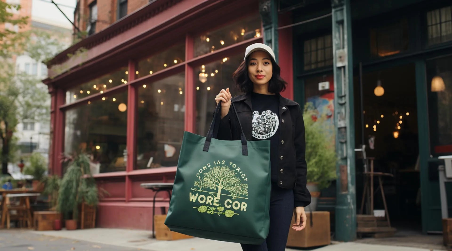 A fashionable young woman with a black jacket and white hat, holding a large green tote bag with a tree design, standing in front of a trendy cafe.